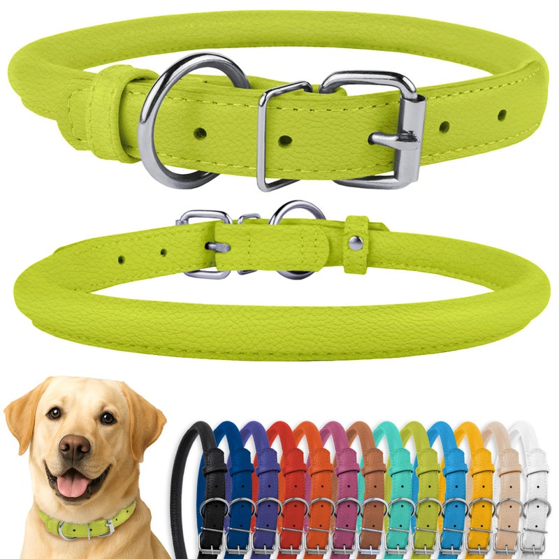 CollarDirect Rolled Leather Dog Collar, Soft Padded Round Puppy Collar, Handmade Genuine Leather Collar Dog Small Large Cat Collars 13 Colors (18-22 Inch, Lime Green Textured) - Image 1